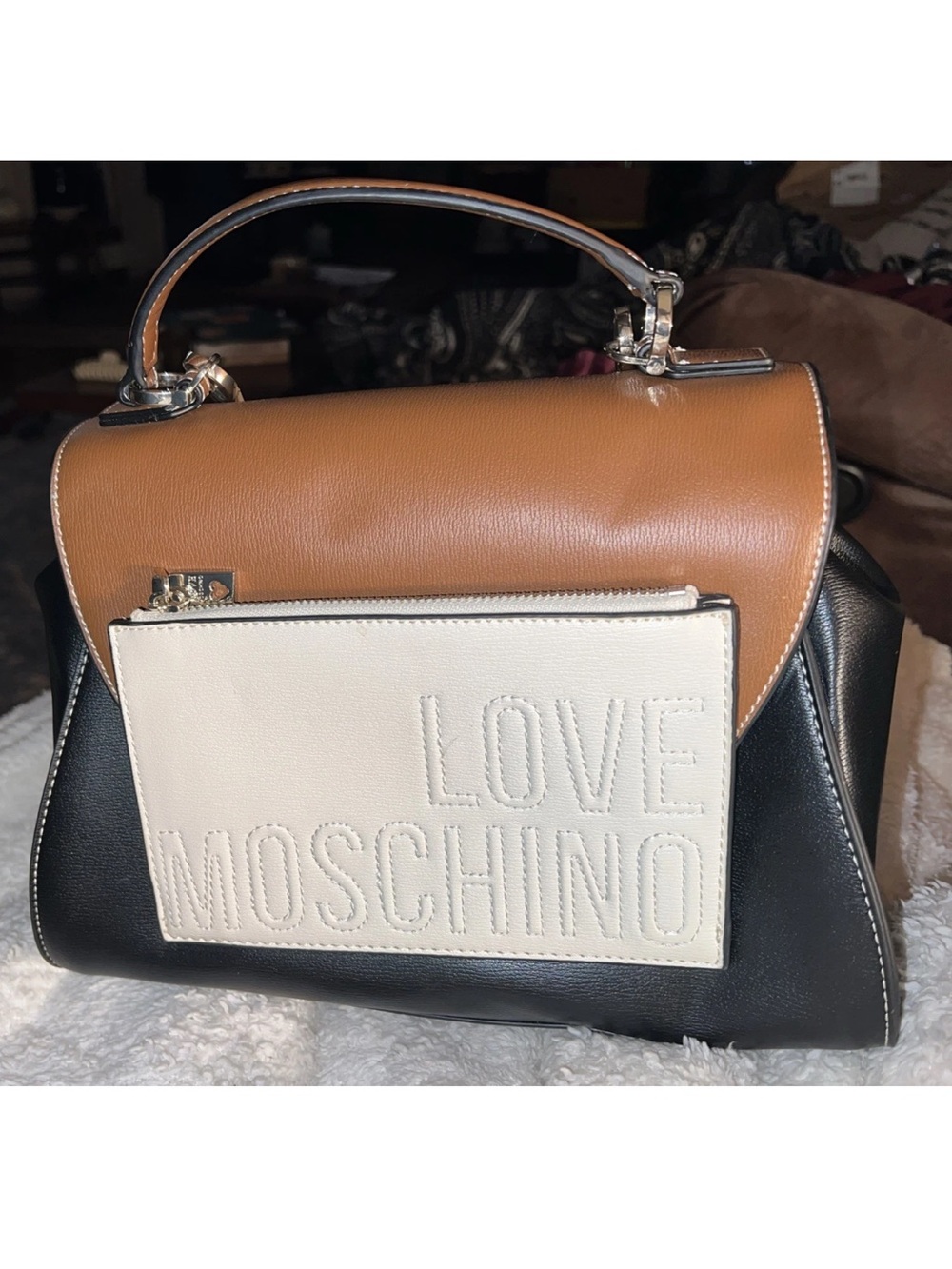 NWOT Love Moschino TricolorBag Adjustable strap PU MIX Nero/Cuoio/Avorio